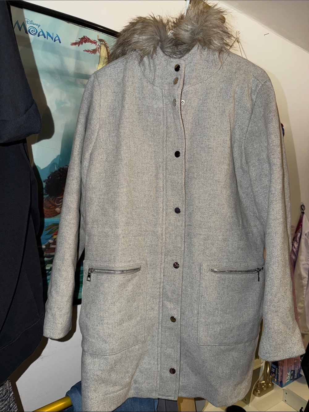 Maurices Light Gray Wool-Blend Coat with Faux Fur Trim new without tag